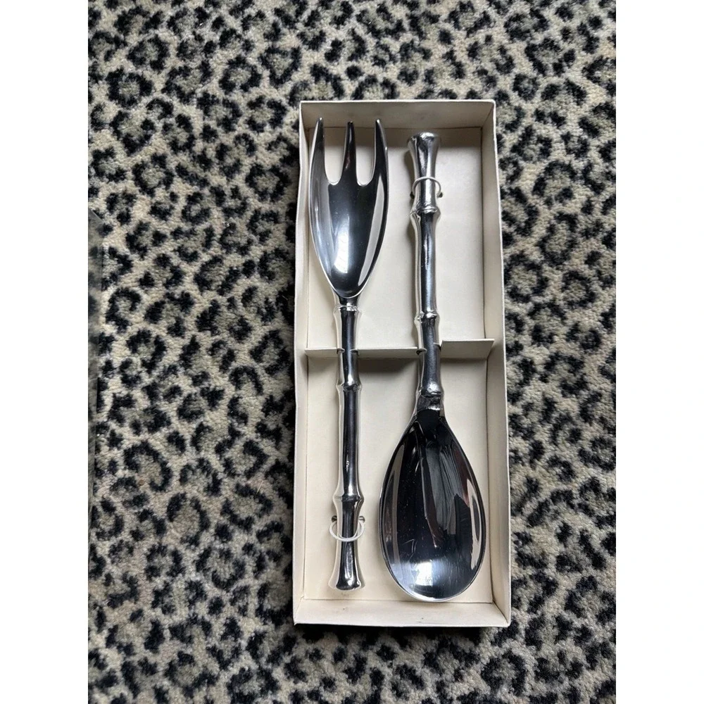 Silver Tone Bamboo Handle Salad Serving Set Fork Spoon Unmarked VTG In Box Heavy